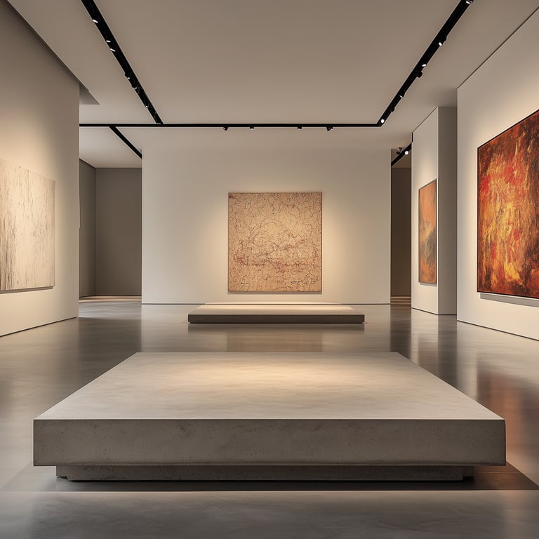 Modern art gallery with abstract paintings on white walls and minimalist platforms in the center.