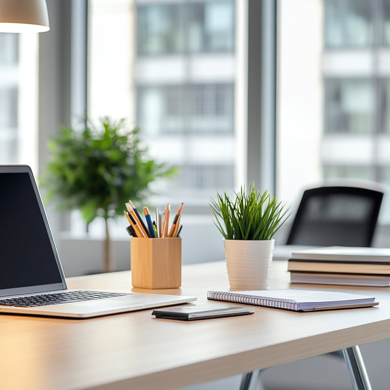 Modern office workspace with a laptop, notebook, smartphone, pencil holder, and potted plant on a wooden desk. Large windows in the background bring in natural light.