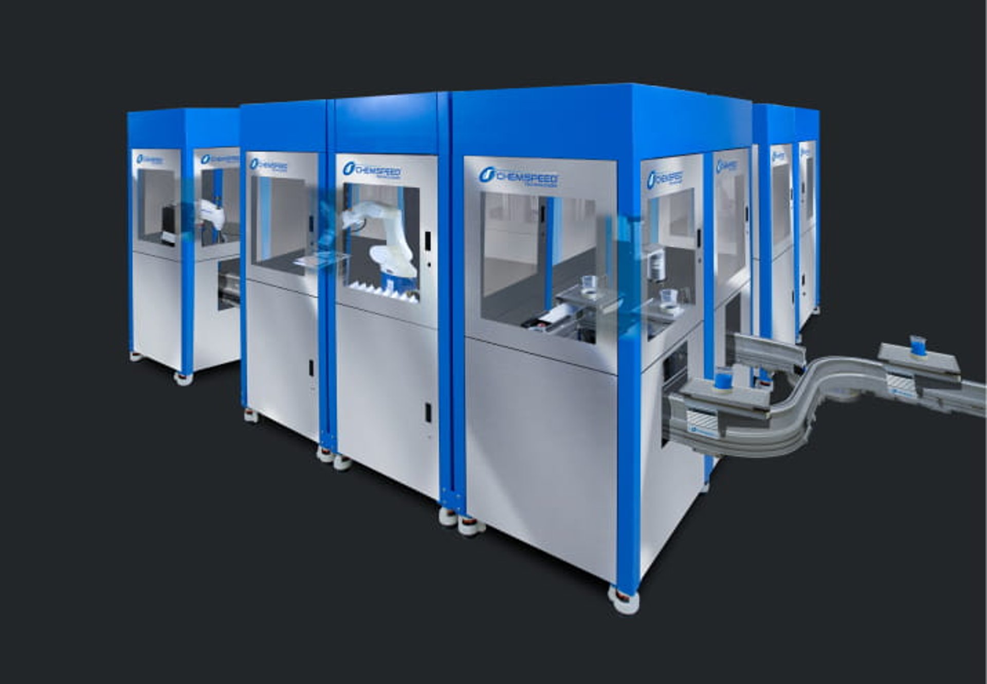 A Chemspeed Flexshuttle system with metal doors and blue edging containing multiple robot arms