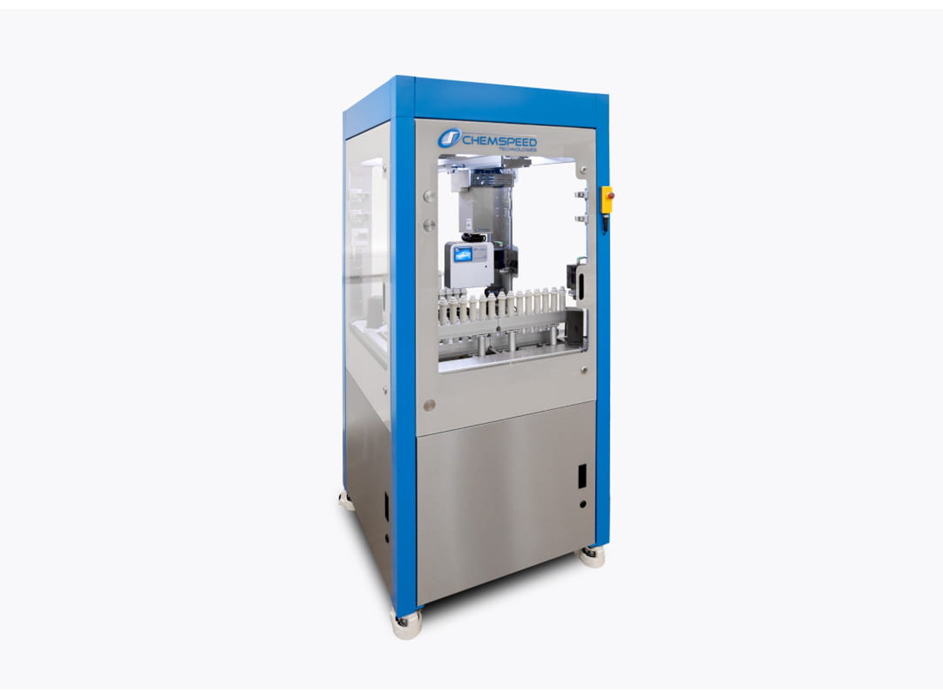 A blue Chemspeed robotic Flex platform with a metal door and a glass panel housing a variety of analytical instruments for laboratories