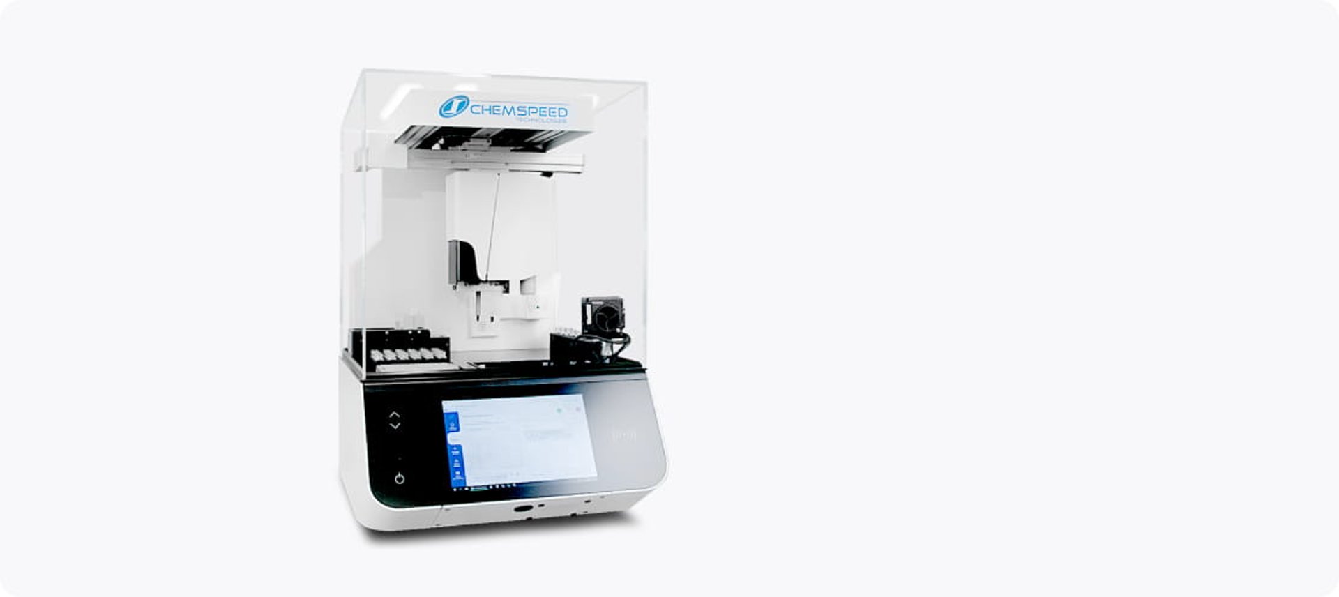 A Chemspeed Crystal swile product containing a gantry, mutiple vials and an RFID scanner above a touchscreen