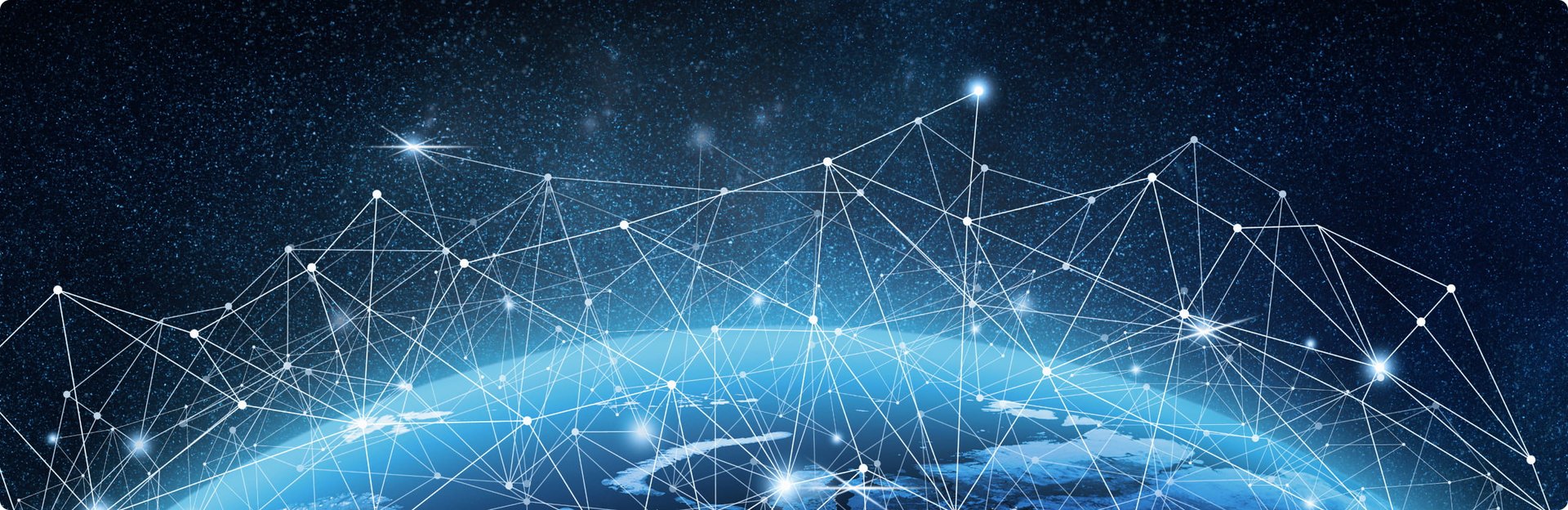 An illustration of a glowing planet earth in space with many linking lines demonstrating connectivity between satellites and ground stations