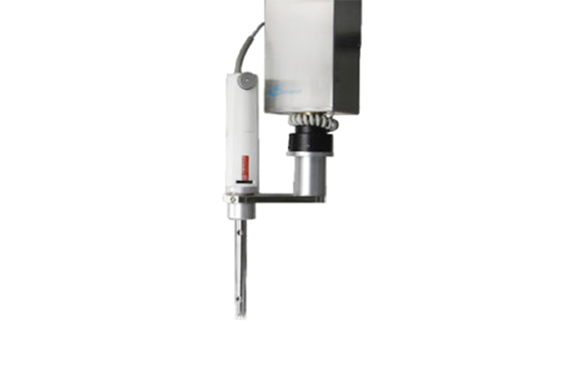 Close up of a high shear homogenizer on a white background.