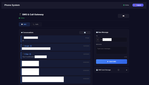 Phone System SMS & Call Gateway dashboard showing conversations and messaging interface