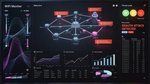 WiFi Security Monitor interface showing deauth attack detection and network device monitoring