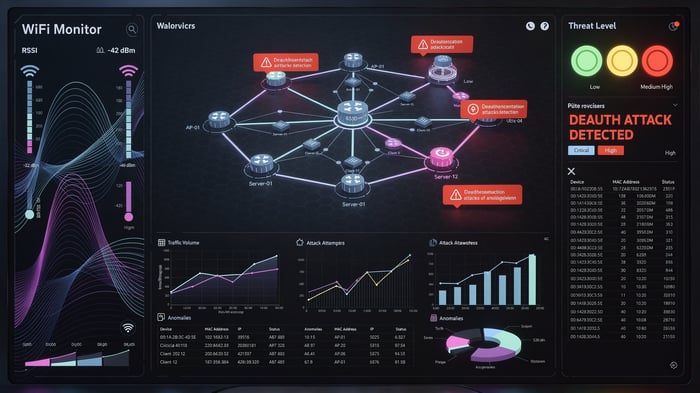A dark three-column dashboard render: a WiFi Monitor panel showing RSSI -42 dBm with signal bars and layered waveforms, a network topology map of AP and client nodes carrying four red deauthentication-attack callouts above Traffic Volume and Attack Attempts charts, and a Threat Level column with a red DEAUTH ATTACK DETECTED banner over a long table of device MAC addresses — a concept render, not a screenshot of the tool