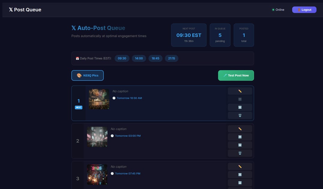 X Auto-Post Queue dashboard showing scheduled posts and optimal timing