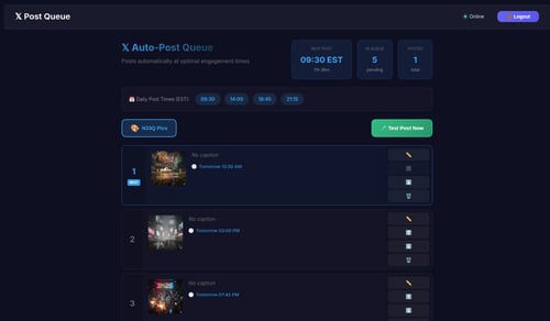 X Auto-Post Queue dashboard showing scheduled posts and optimal timing