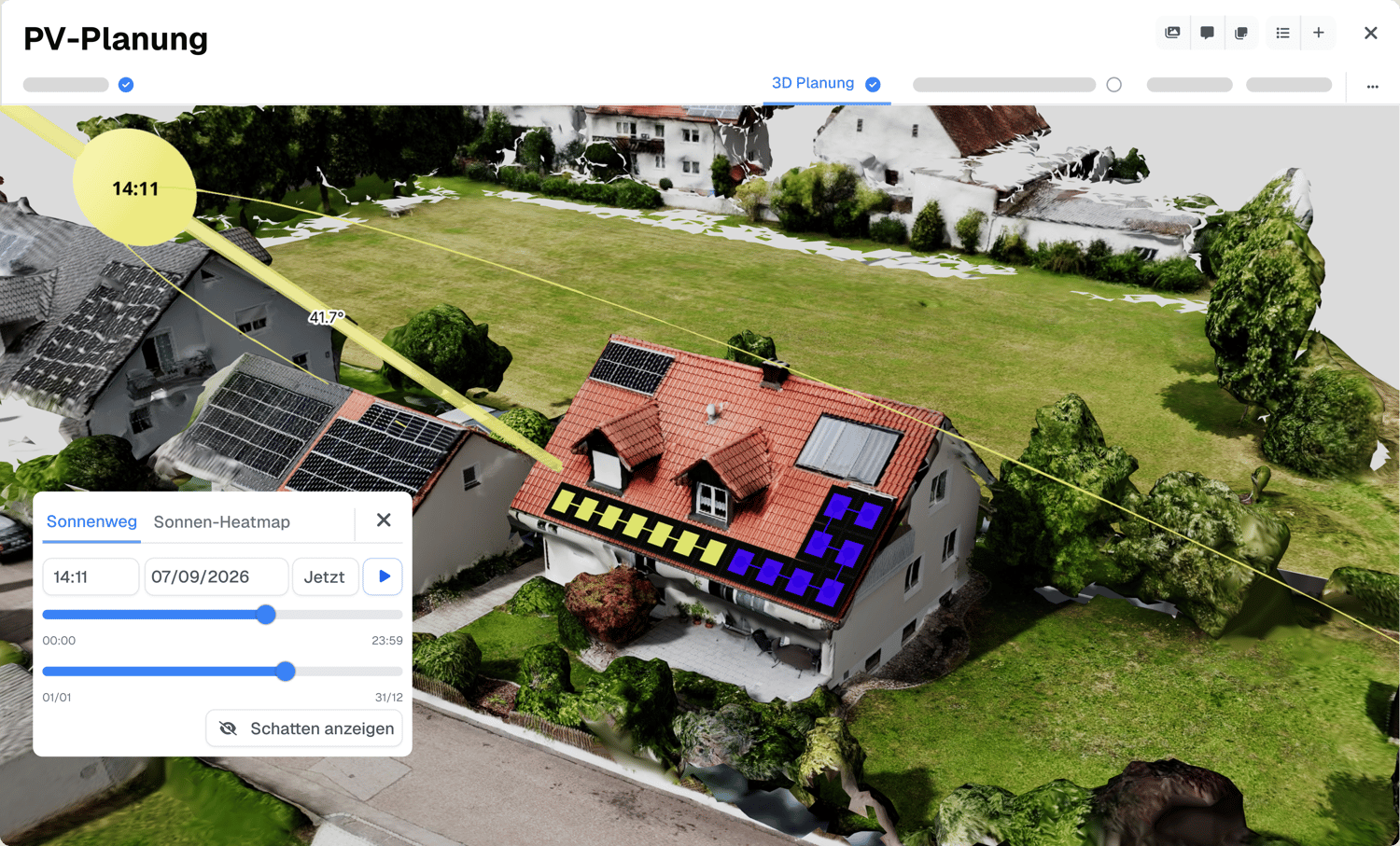 Dachplanung in Reonic mit Ausrichtung, Neigung und Verschattung