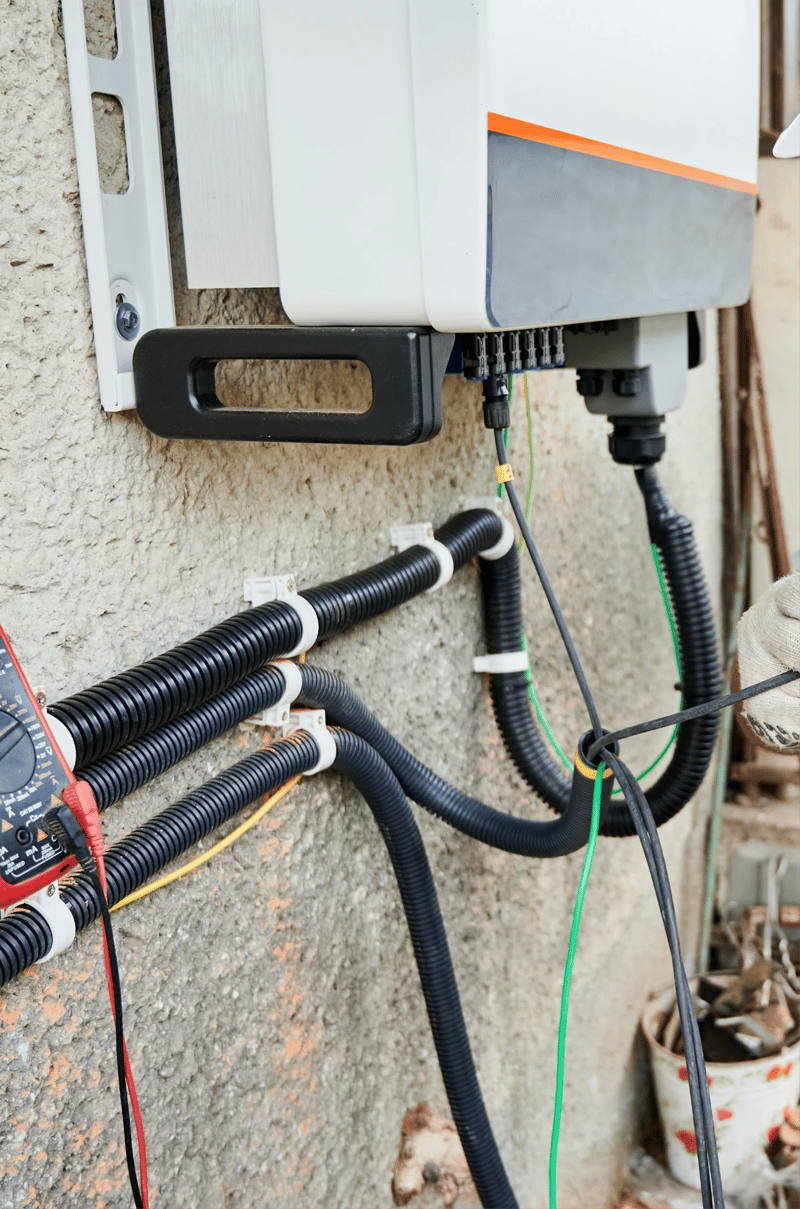 Meter cabinet and inverter on an exterior wall