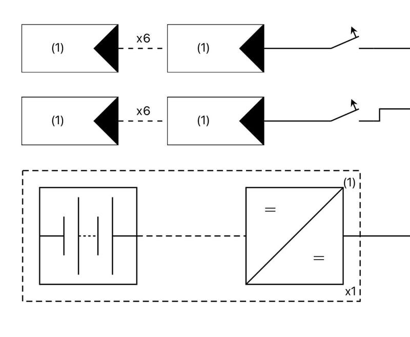 Circuit diagram: two module strings, isolators and the battery inverter
