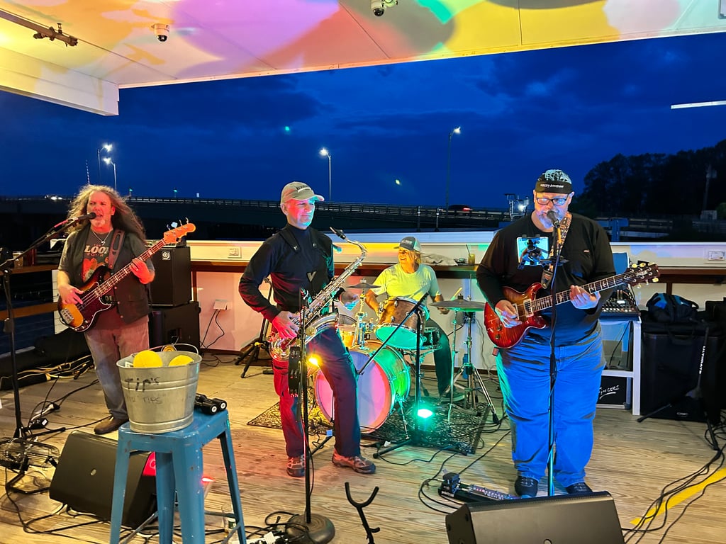 Bill, Steve Q on Drums, Steve Baker on saxophone and Frank at The Deck in Salisbury