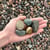 Overhead view of Little Dumps Round River Rock in the 1.5 inch size with a hand for scale.