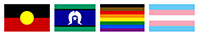 Image of Aboriginal flag, Torres Strait Islander flag, LGBTI+ Pride flag and Transgender Pride flag. The medical clinic is inclusive and culturally diverse. We embrace all people of all gender, race, ethnicity and sexual orientation.