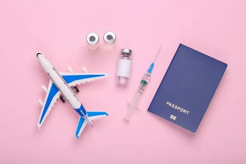 A collection of small objects - a plane, passport, needle and vials.