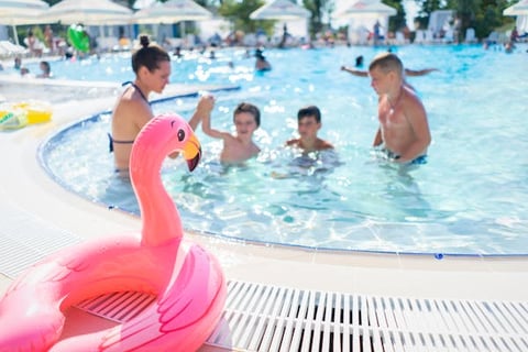 Children playing in a pool under the sun with a pink inflatable flamingo float in the foreground.