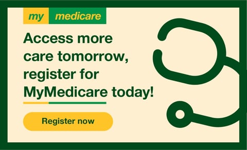 The MyMedicare promotional graphic with the slogan "Access more care tomorrow, register for MyMedicare today!" alongside a call-to-action button and stethoscope imagery.