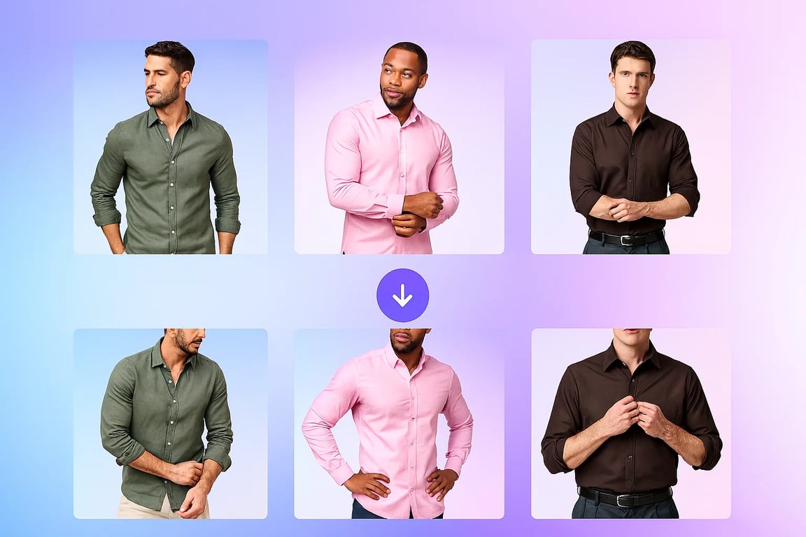 Visual comparison of men's shirts in three colors showing in the top row the original image and in the bottom the edited image cropping the image and changing the pose