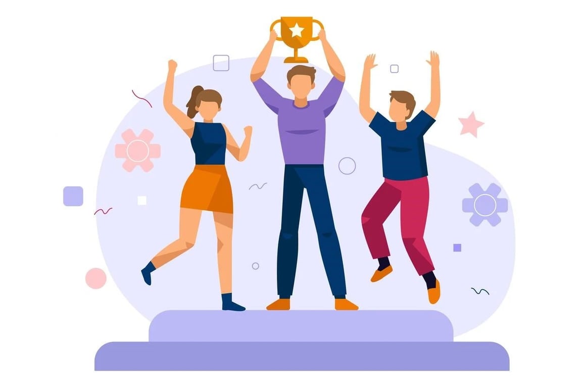 Una ilustración de tres personaas levantando un trofeo