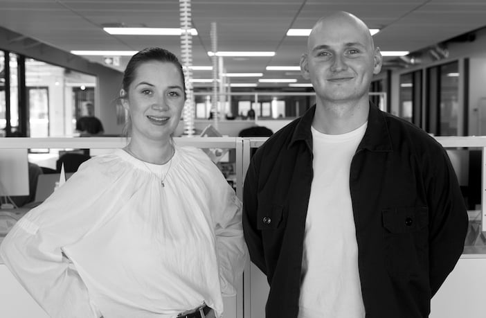 A black and white photo of Georgie Zonneveld and Harry Willis, Special PR's new hires