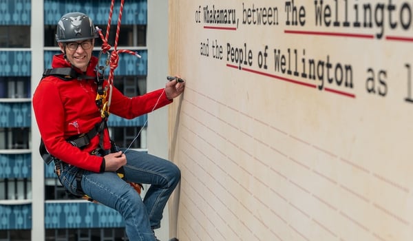 A good deed: Sir Ashley Bloomfield abseils high-rise for Wellington City Mission