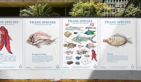 New Zealand Fish Species poster remixed to call out litter in oceans