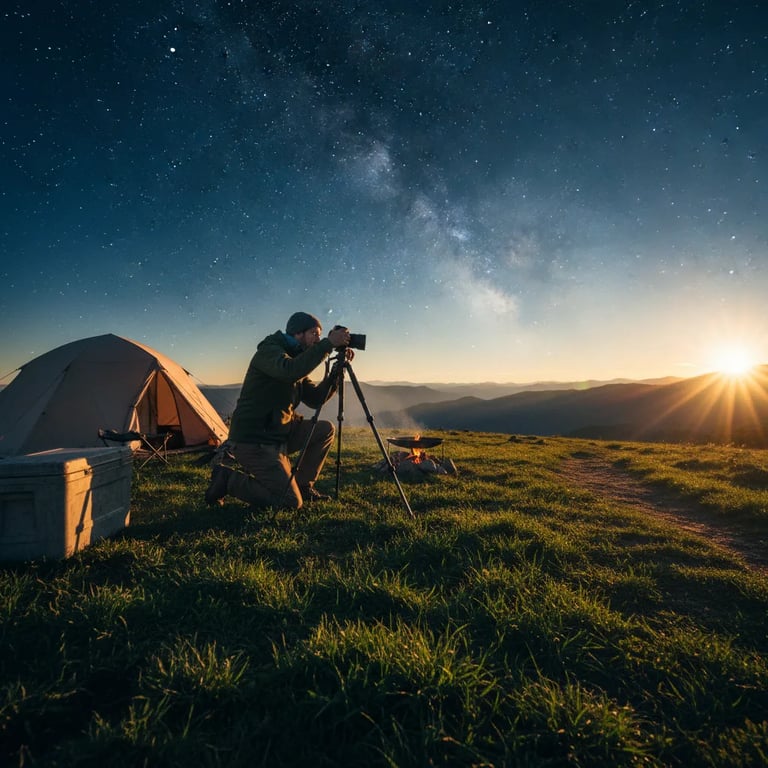 A photographer setting up a camera on a tripod under the stars