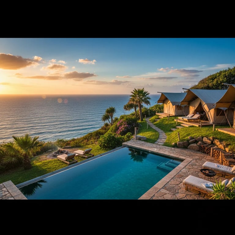 campsite with swimming pool and ocean view