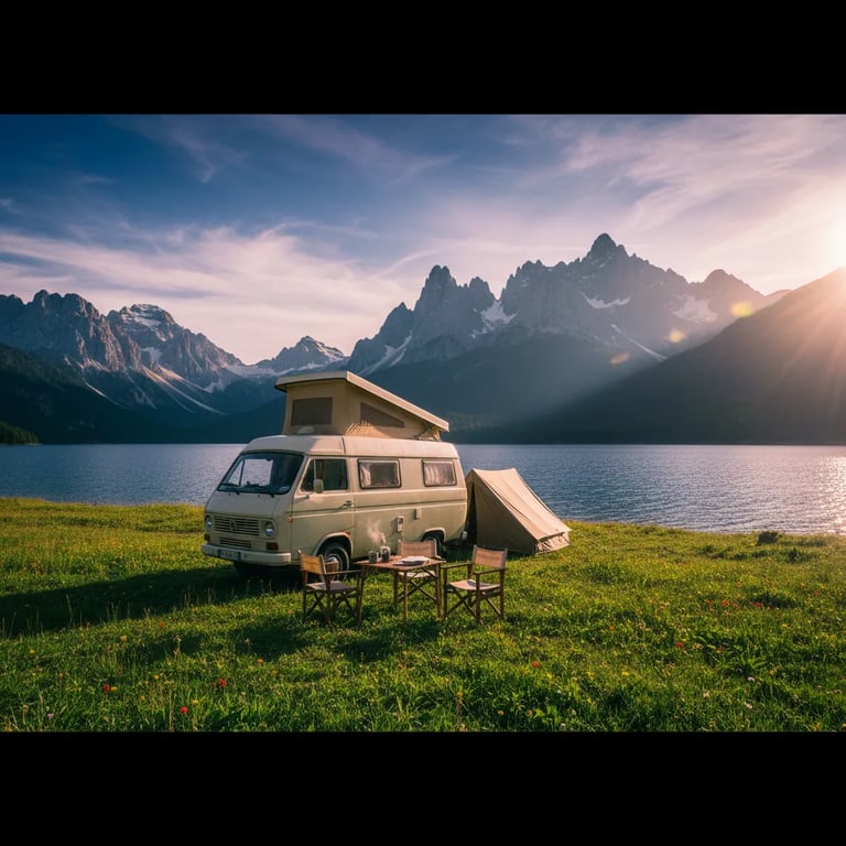 A scenic motorhome camped by a serene lake in Europe