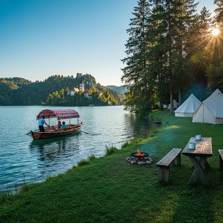 A traditional wooden Pletna boat on Lake Bled with the castle in the background
