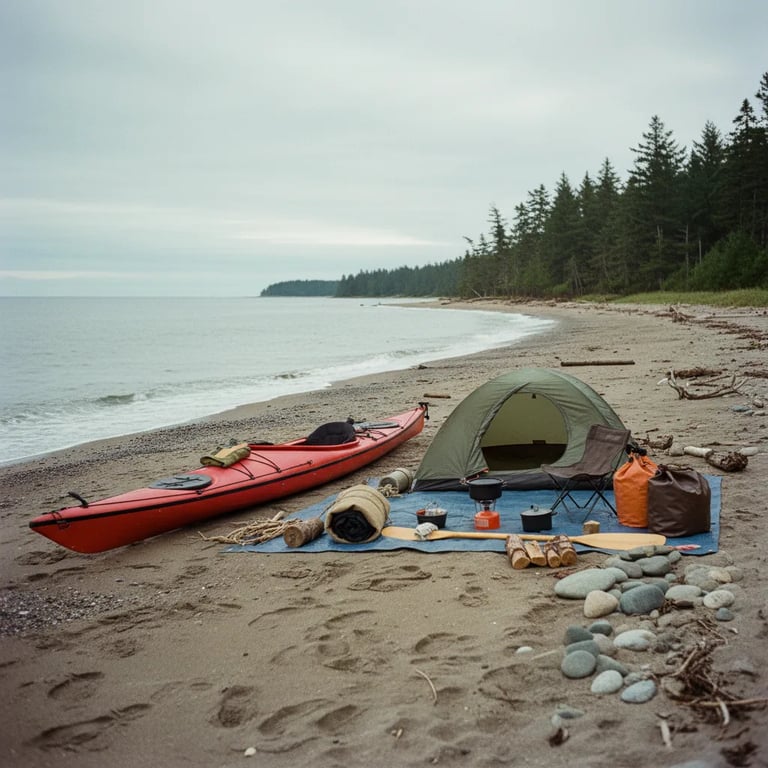 A compact kayak camping setup with gear neatly organized on a beach