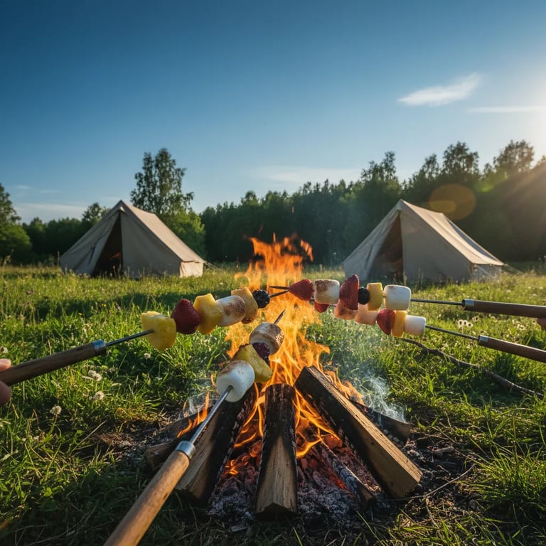 Skewers with marshmallows and fruit over campfire