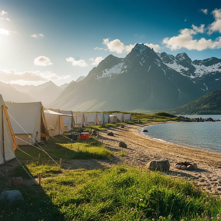 tents set up close to the shore with mountains in the background