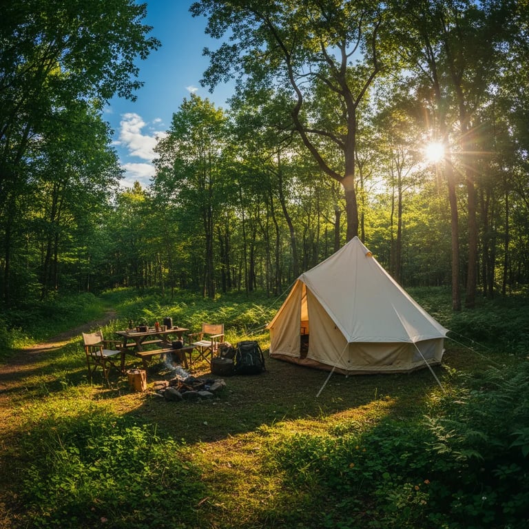 Tent pitched in a forested camping area