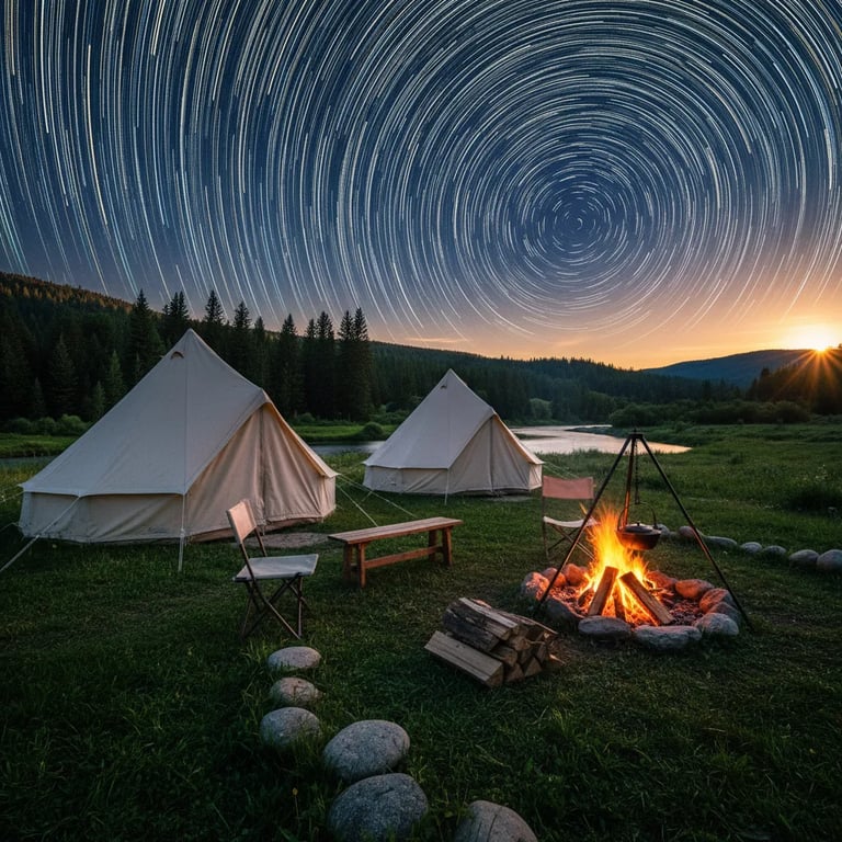 A long-exposure image of star trails over a campfire