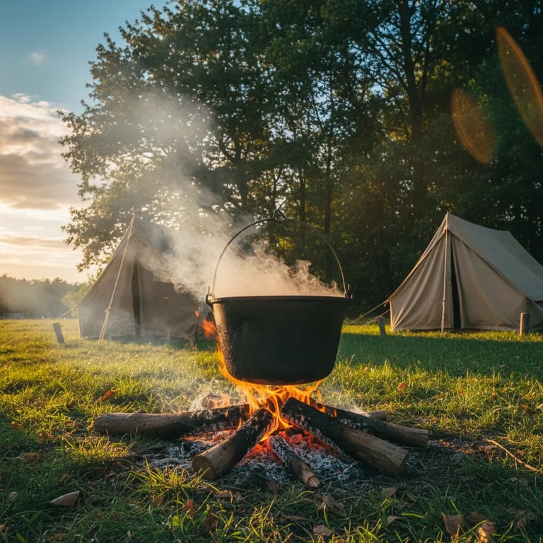 A boiling pot over a campfire with steam rising up