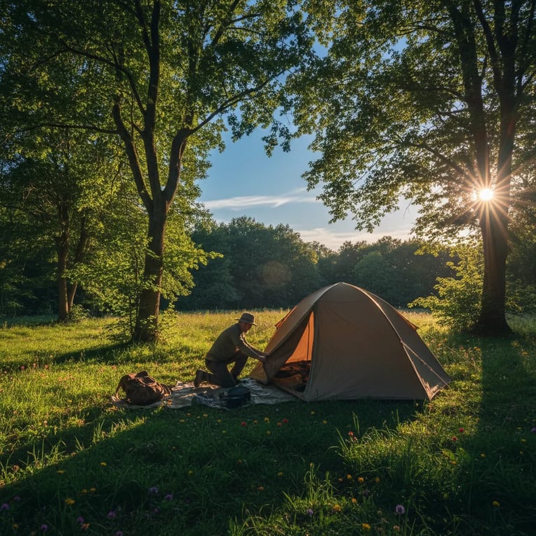 A solo camper setting up a tent in a European forest