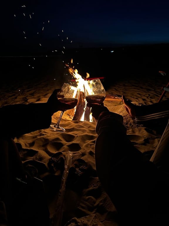 Summer bonfire, beach, wine - a relaxing and aesthetic summer scene.