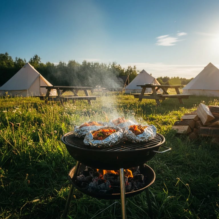 Foil pack fajitas sizzling on grill