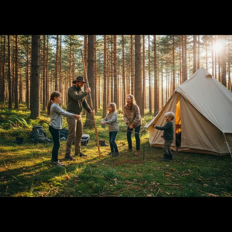 Family pitching a tent in the forest