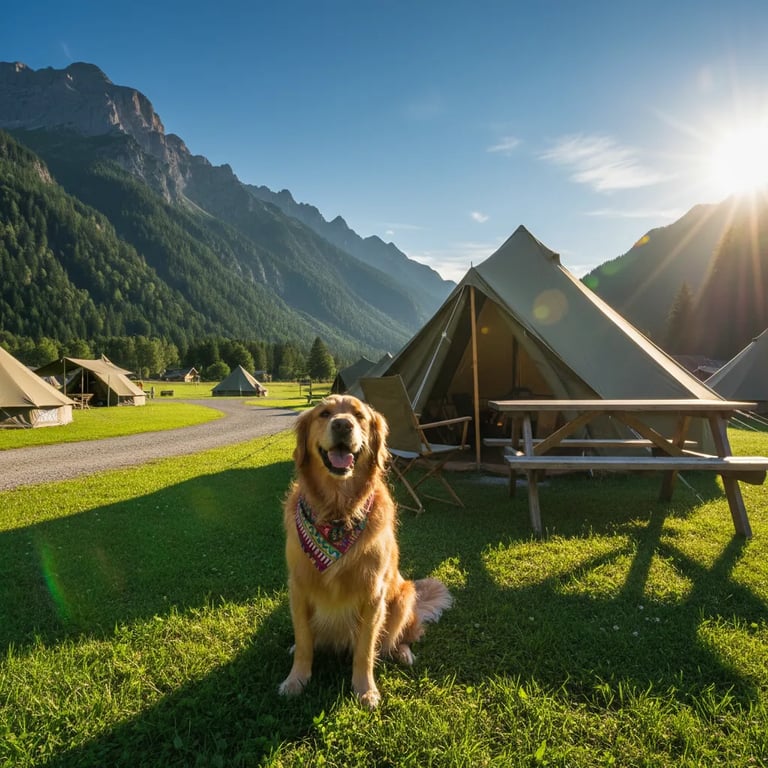 A happy dog by a tent in a scenic European campsite