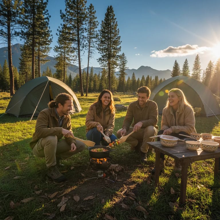 Campers cooking with biodegradable utensils in nature