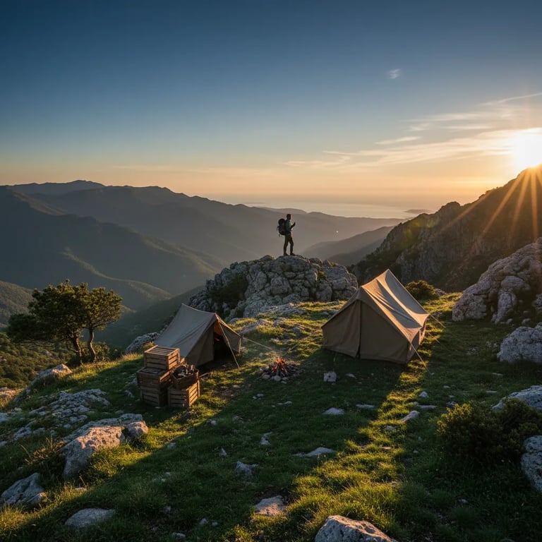 Hiker enjoying a panoramic view from a mountain peak in Corsica