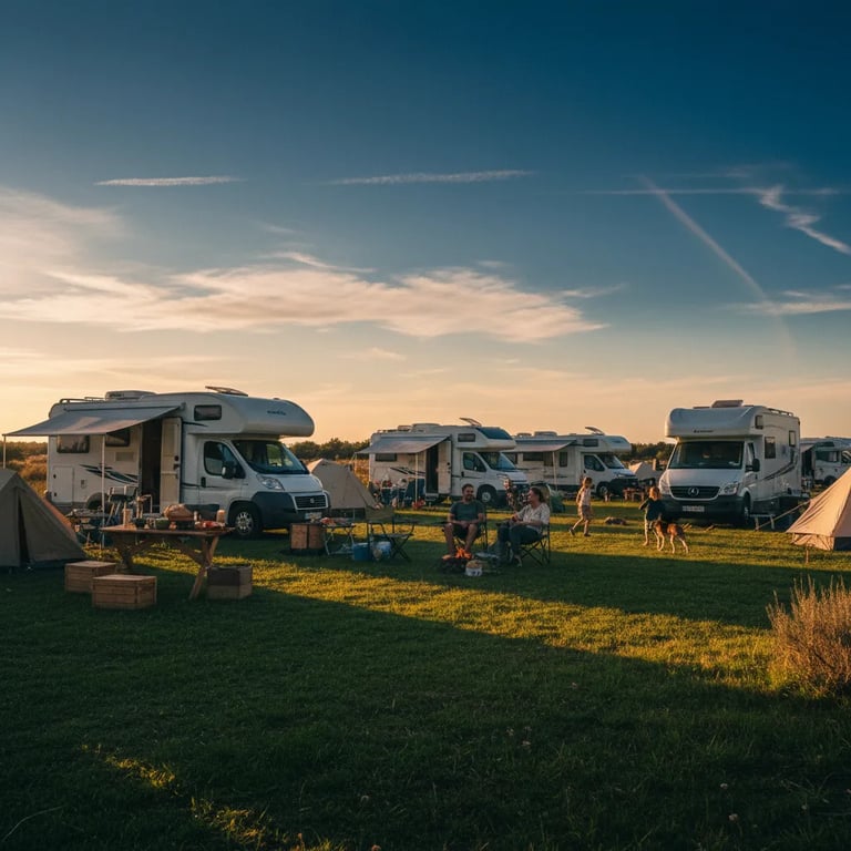 A group of motorhomes parked together at a campsite at sunset