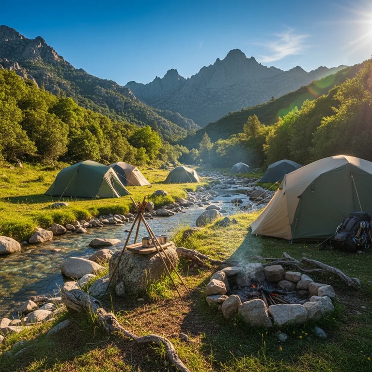 Camping tents set up near a mountain stream in Corsica