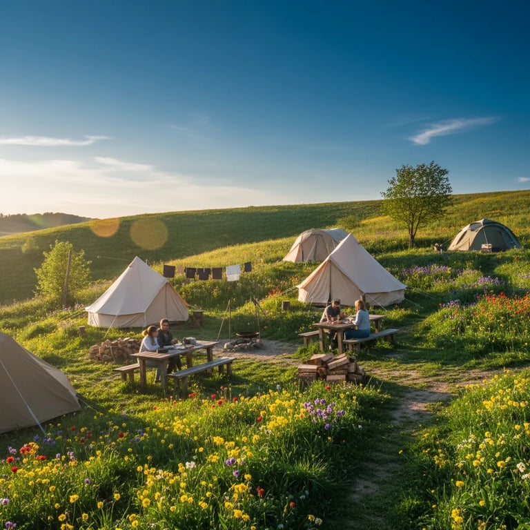 A scenic European spring camping site with blooming flowers