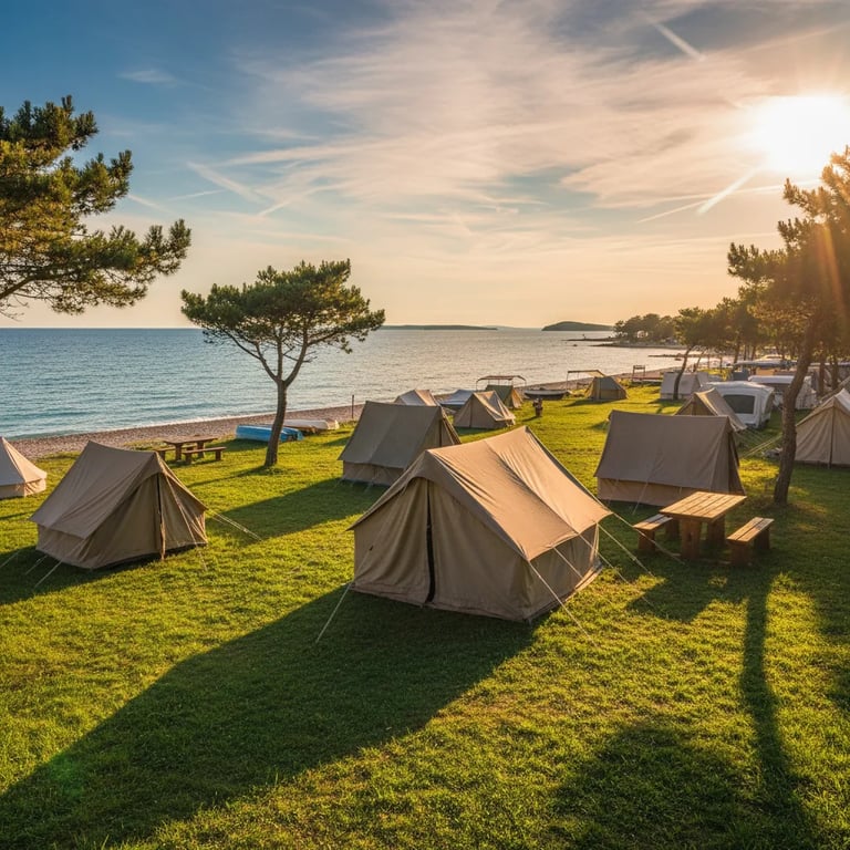 tranquil beach setting at Camping Valalta
