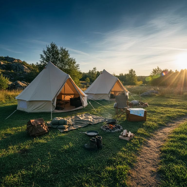 Campsite with unpacked gear scattered neatly