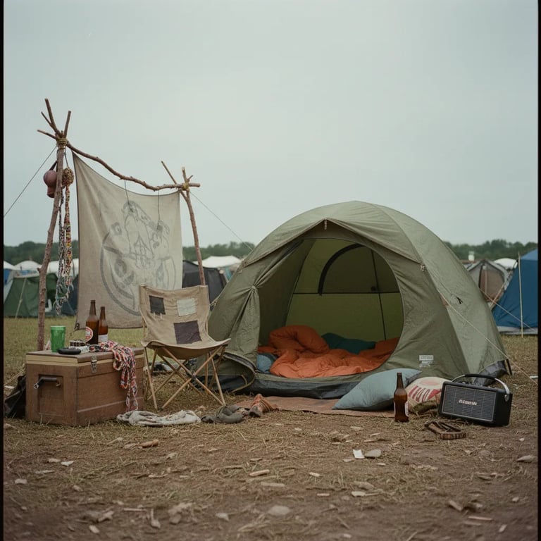 A camping setup with a tent and festival gear laid out