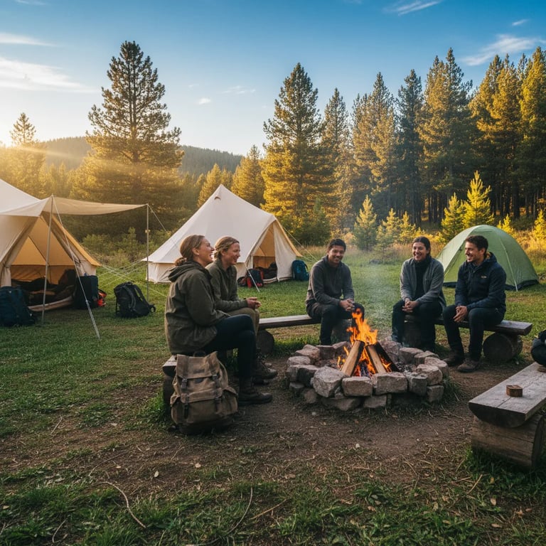 Solo camper chatting with other campers by a safe, communal fire pit